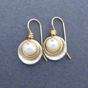 Genuine Pearl Earrings with Sterling Silver and Gold Fill Mixed Metal Small Drop Dangles White Freshwater Pearls June Birthstone Gift
