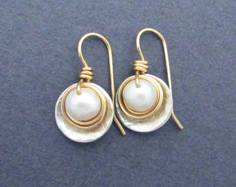 Genuine Pearl Earrings with Sterling Silver and Gold Fill Mixed Metal Small Drop Dangles White Freshwater Pearls June Birthstone Gift