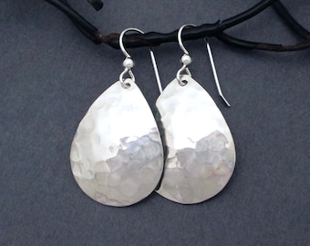 Shiny Sterling Silver Teardrop Earrings Hammered Dangles Modern Everyday Jewelry Handmade