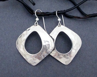 Hammered Sterling Silver Dangle Earrings Abstract Teardrop Square Hoops Artisan Handmade Modern Jewelry