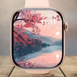 Papier peint Sakura Sunset Lake pour Apple Watch - Visage paisible paysage de fleurs japonaises pour Apple Watch Series