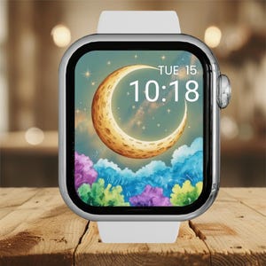 Sfondo con motivo a fiore di luna per Apple Watch / Quadrante con motivo floreale celeste / Download digitale estetico per Apple Watch