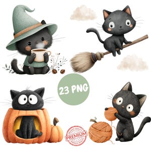 Kawaii Black Cat Halloween Clipart: Watercolor PNG Bundle