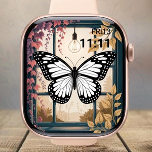 Quadrante dell'orologio con finestra a farfalla - Sfondo naturale con estetica vintage per Apple Watch Download digitale con estetica soft per Apple Watch