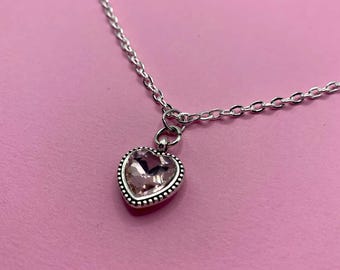 Pink Heart Necklace Earring Set, Rhinestone Pendant Jewelry Set
