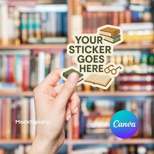 May include: A sticker with the text "YOUR STICKER GOES HERE" and illustrations of books and glasses is held in front of a bookshelf. The sticker has a light beige background with brown and green book illustrations.