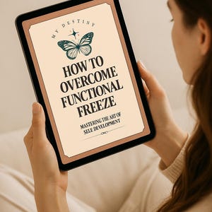 May include: A tablet displaying the text "HOW TO OVERCOME FUNCTIONAL FREEZE" with a butterfly graphic. The tablet is held by a person. The text "MASTERING THE ART OF SELF DEVELOPMENT" is also visible. The tablet has a brown border.