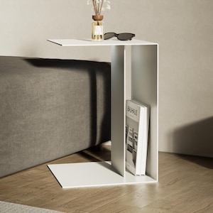Metal C Shape Side Table: Sofa End Table with Book Slot, Compact Living Room Accent Table with Storage