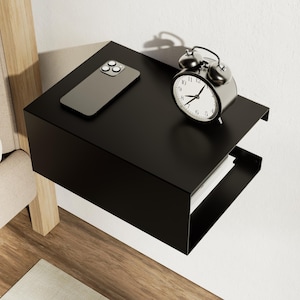 Floating Metal Nightstand with Storage, Wall Mounted Bedside Table Shelf, Modern Black Bedroom Shelf, Minimalist Wall Organizer for Books