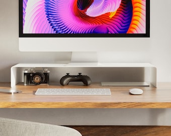 Soporte metálico para monitor: Elevador de escritorio con panel lateral arqueado curvo, almacenamiento bajo estante para oficina en casa.