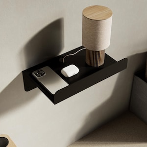 Metal Floating Bedside Shelf: Cable Management Wall Nightstand, Narrow Shelf for Small Bedrooms