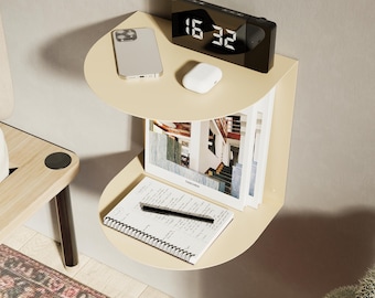 Rounded Wall Mounted Bedside Shelf: Metal Floating Nightstand with Book Holder, Minimalist Bedside Table