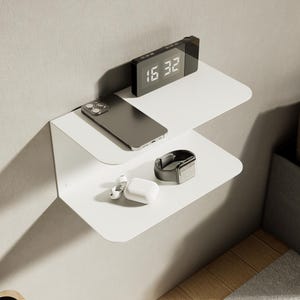 Metal Soft Edge Nightstand Shelf: Dual Tier Floating Bedside Organizer, Wall Mounted Bedroom Stand
