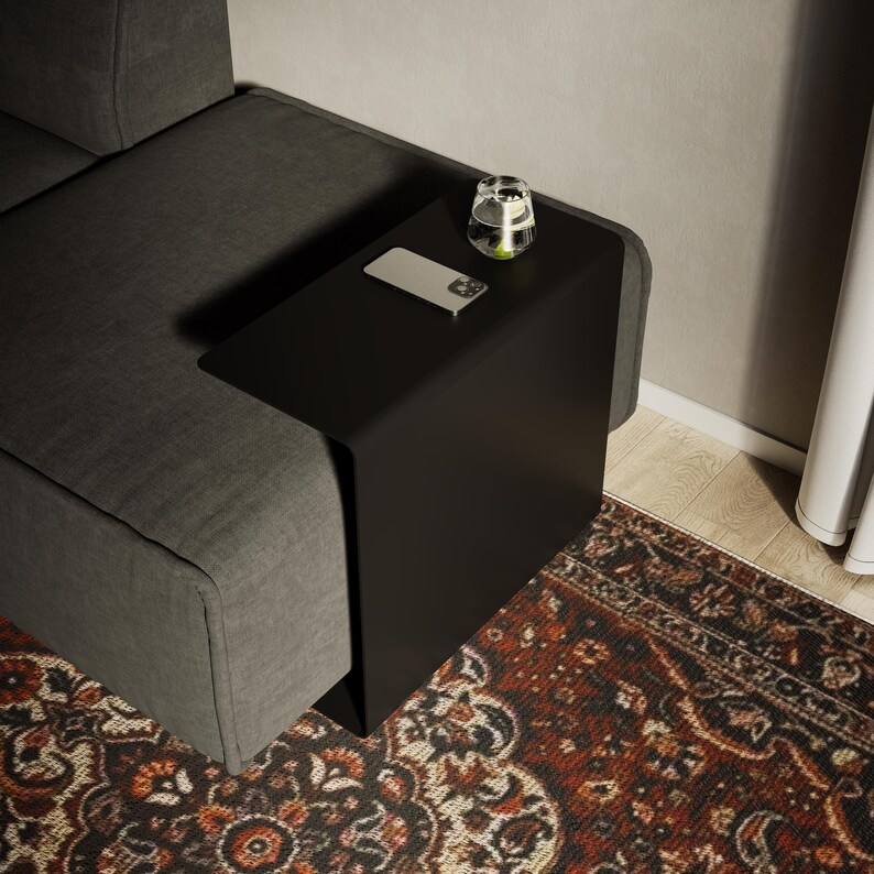 c shaped side table, sofa side table, metal end table, metal side table, c shaped end table, couch side table, living room table, compact side table, accent table, c table with storage, narrow side table, armrest side table, small side table,