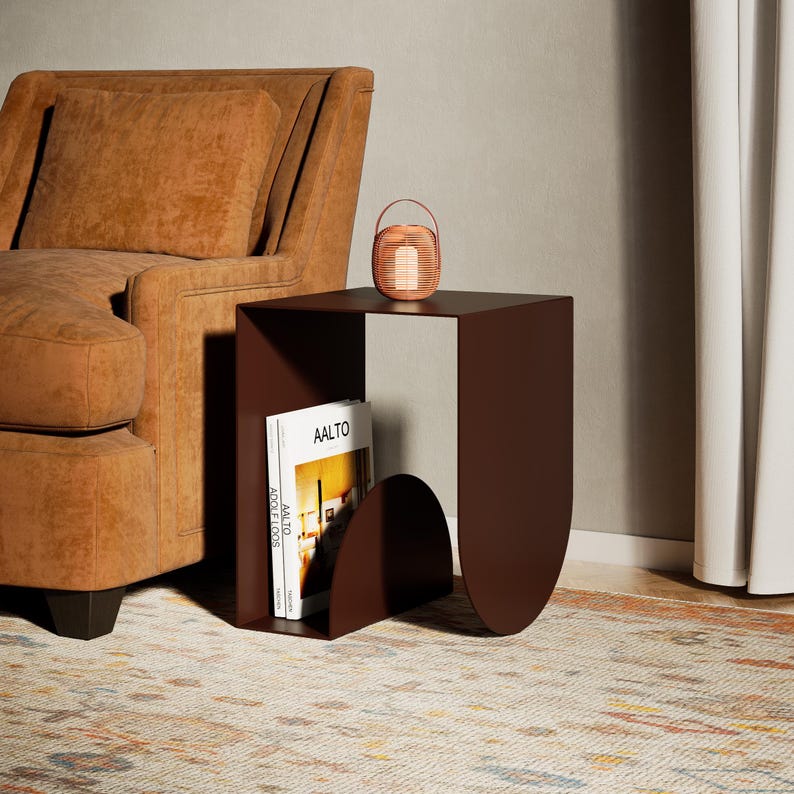 side table, round side table, sofa side table, metal end table, modern side table, metal side table, industrial furniture, book storage table, minimalist furniture, accent table, living room table, magazine end table, modern end table,