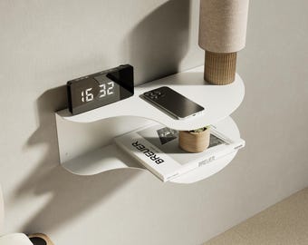 Metal Floating Nightstand Shelf: Two Tier Wavy Edge, Wall Mounted Bedside Organizer for Bedroom