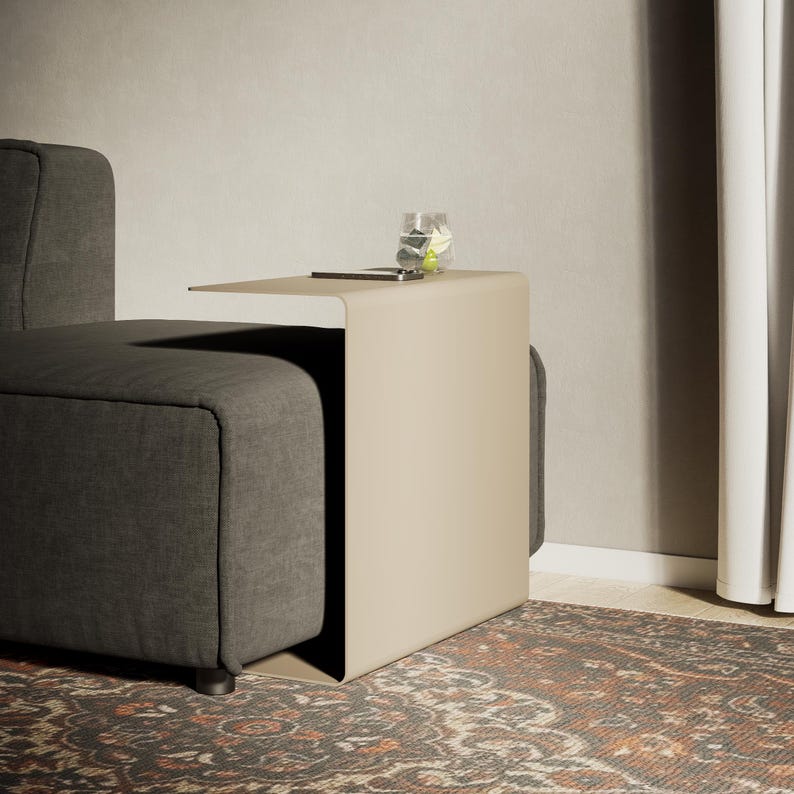 c shaped side table, sofa side table, metal end table, metal side table, c shaped end table, couch side table, living room table, compact side table, accent table, c table with storage, narrow side table, armrest side table, small side table,