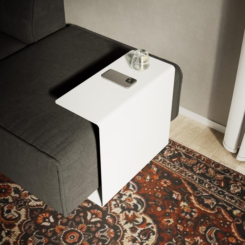 c shaped side table, sofa side table, metal end table, metal side table, c shaped end table, couch side table, living room table, compact side table, accent table, c table with storage, narrow side table, armrest side table, small side table,