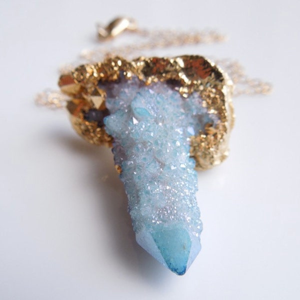 Aqua Aura Necklace, Spirit Quartz Necklace, Cactus Quartz, Druzy : Aqua Blue, OOAK