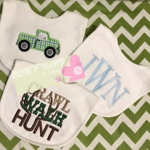 Boys Bibs, Truck, Crawl,Walk, Hunt, Monogram