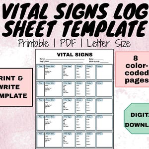 Vital Signs Log Sheet | Vital Signs Template | Vital Signs Sheet | Vital Signs Chart | Printable PDF Vital Signs Log Sheet | RN Sheets