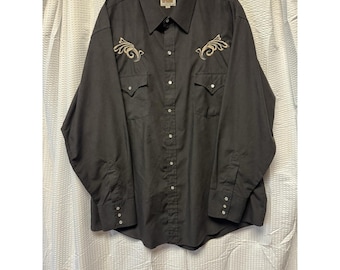 Camisa vaquera vintage Ely Cattleman talla XL, negra, con cierre de botones a presión y bordado de vaquero estilo Y2K