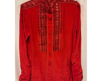 VTG 1980-90s Erez SZ 2 (Small) 100% Silk Red Heavy Embellished Blouse Detail NWT