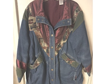 Vintage 90's Blair Patchwork Denim Jacket XL Southwestern Tapestry Western Coat