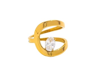 18K Gold Open Cuff Ring, Crystal Adjustable Band, PVD Stainless Steel Statement Ring, Waterproof