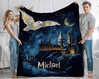 Wizard Blanket with Name, Custom Christmas Gift, Starry Night Blanket, Magic Wizard Throw, Best Fan Gift, Magic School, Boy Birthday Gift