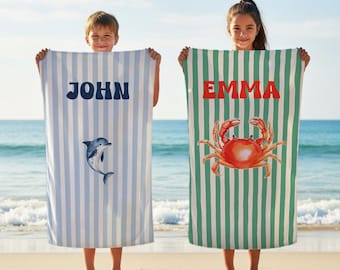 Custom Seashell Beach Towel, Personalized Seashell Towel, Personalized dolphin towel, Coastal Beach Gift, Personalized crab towel