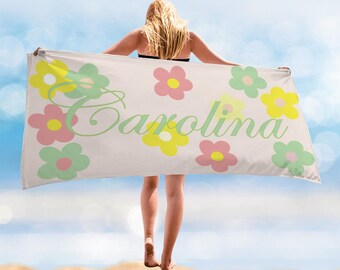 Custom Daisy Name Beach Towel, Personalized Vacation Gift