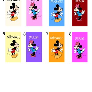 May include: A style chart featuring eight rectangular designs with Mickey and Minnie Mouse illustrations. Each design has a different background color and the name "MICHAEL" or "OLIVIA" in a bold font.