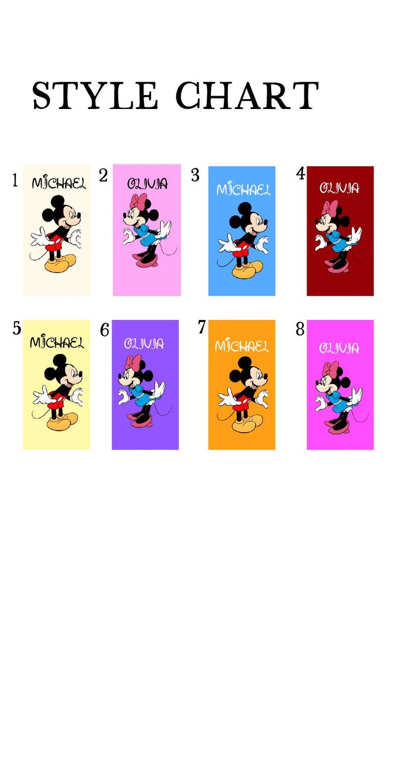 May include: A style chart featuring eight rectangular designs with Mickey and Minnie Mouse illustrations. Each design has a different background color and the name "MICHAEL" or "OLIVIA" in a bold font.