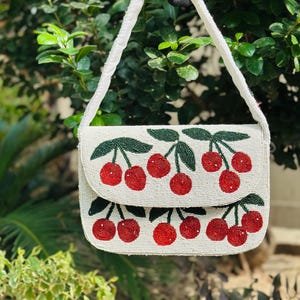 Beaded Cherry Design Purse, Tropical Fruit Beaded shoulder bag, Handmade Cherry handbag, Artisan Cherry Purse Gift, Unique gift to her
