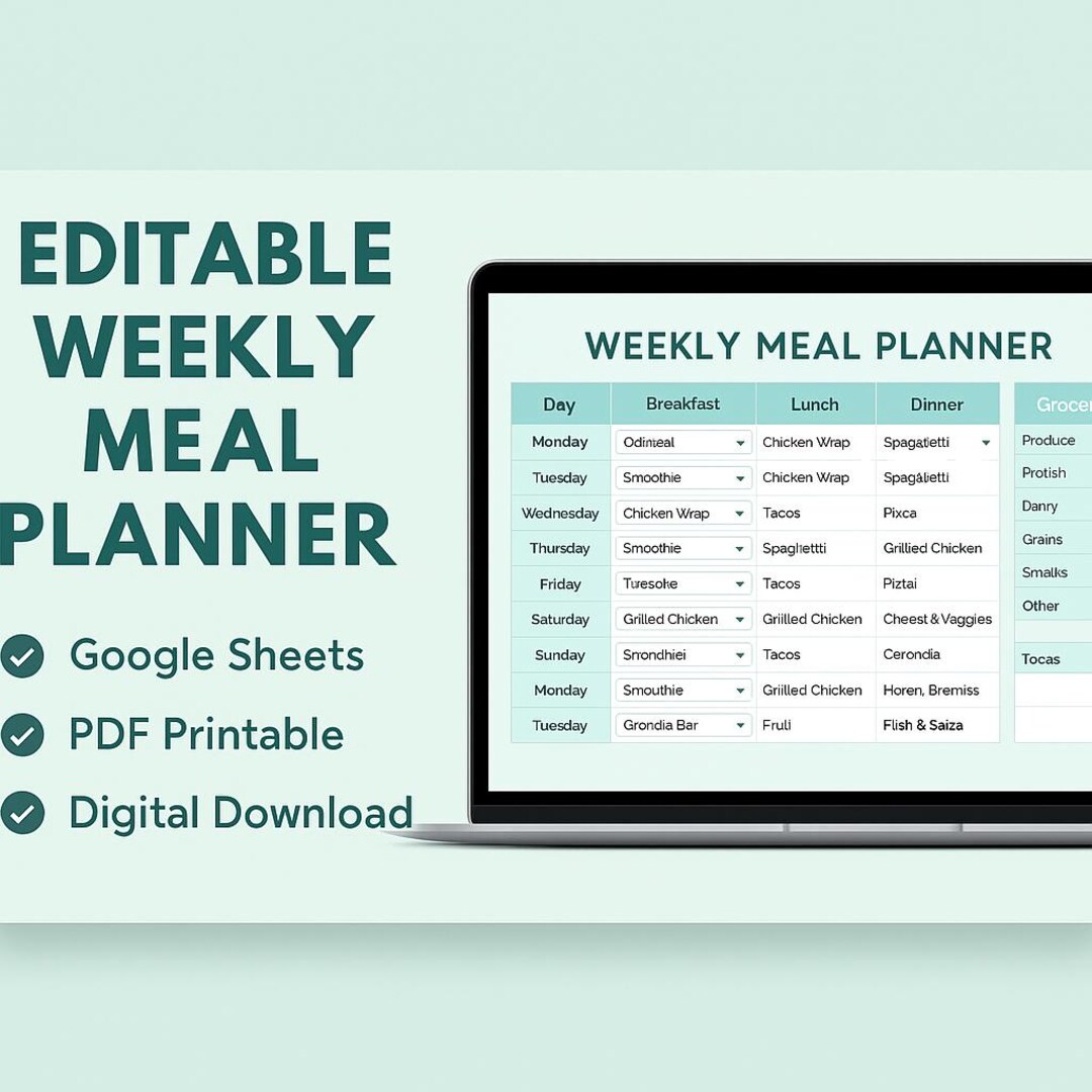 Editable Weekly Meal Planner | Google Sheets | PDF Printable | Digital ...