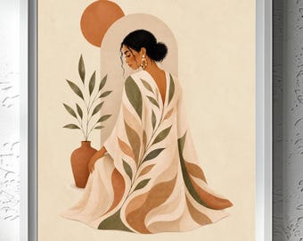 Botanical Muse Wall Art, Japandi Woman Print, Neutral Boho Decor, Printable Digital Wall Art Download