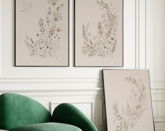 Botanical Wall Art Set of 3, Japandi Printable Wall Art, Neutral Sage Green Floral Prints, Olive Branch Decor, Digital Download