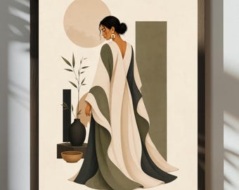 Botanical Muse Wall Art, Japandi Printable Poster, Neutral Boho Decor, Minimalist Woman Digital Download