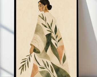 Olive Whisper Muse Printable Wall Art, Japandi Woman Print, Boho Botanical Fashion Poster, Neutral Digital Decor