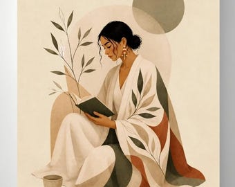 Botanical Reading Muse Wall Art, Japandi Woman Print, Boho Neutral Decor, Minimalist Digital Download