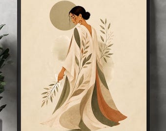 Botanical Japandi Wall Art, Minimalist Woman Print, Neutral Boho Decor, Editorial Muse Poster, Digital Download