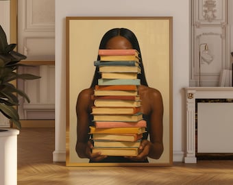 Black Woman Reading Wall Art, Stack of Books Portrait, Book Lover Gift, Cozy Library Nook Decor, Painterly Printable Digital Download