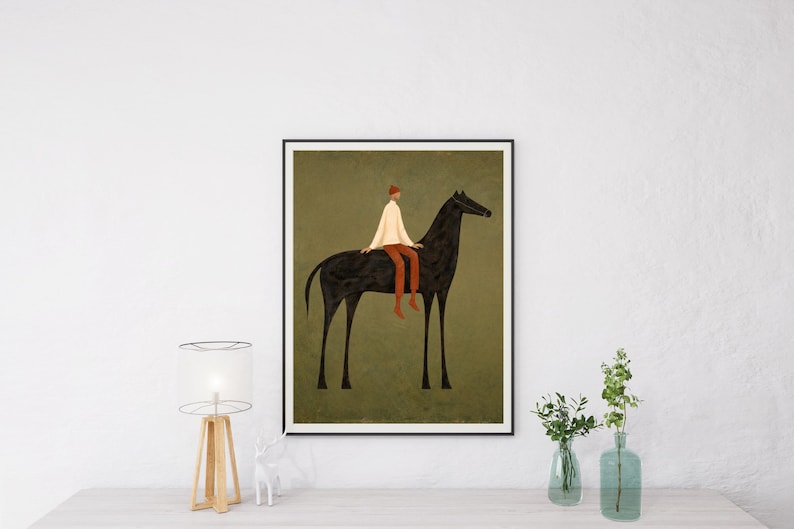Minimalist black horse and rider silhouette on olive green background, vertical printable wall art in Japandi boho style, digital download for modern home decor