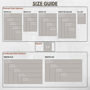 May include: Size guide graphic with various rectangular shapes representing different print sizes. Includes portrait, landscape, and square options, with measurements in inches and centimeters. The text "SIZE GUIDE" is at the top.