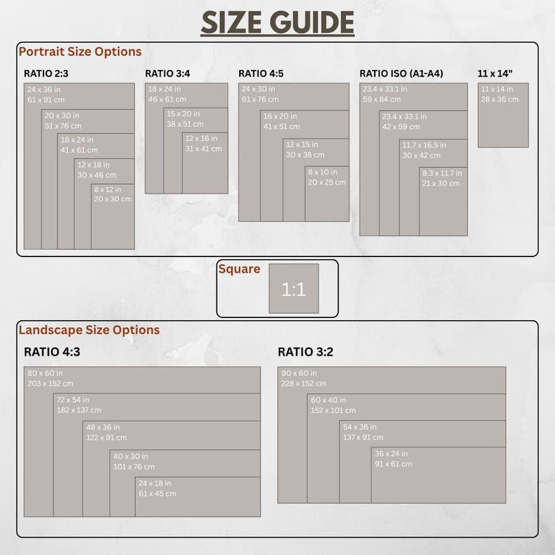 May include: Size guide graphic with various rectangular shapes representing different print sizes. Includes portrait, landscape, and square options, with measurements in inches and centimeters. The text "SIZE GUIDE" is at the top.