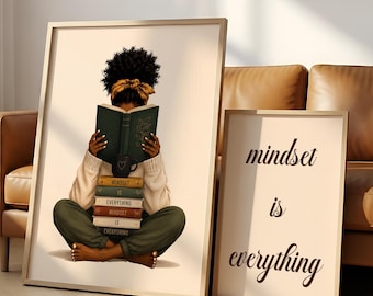 Mindset Is Everything Poster Set, Black Woman Wall Art Printable, Book Lover Decor, Afrocentric Art Prints