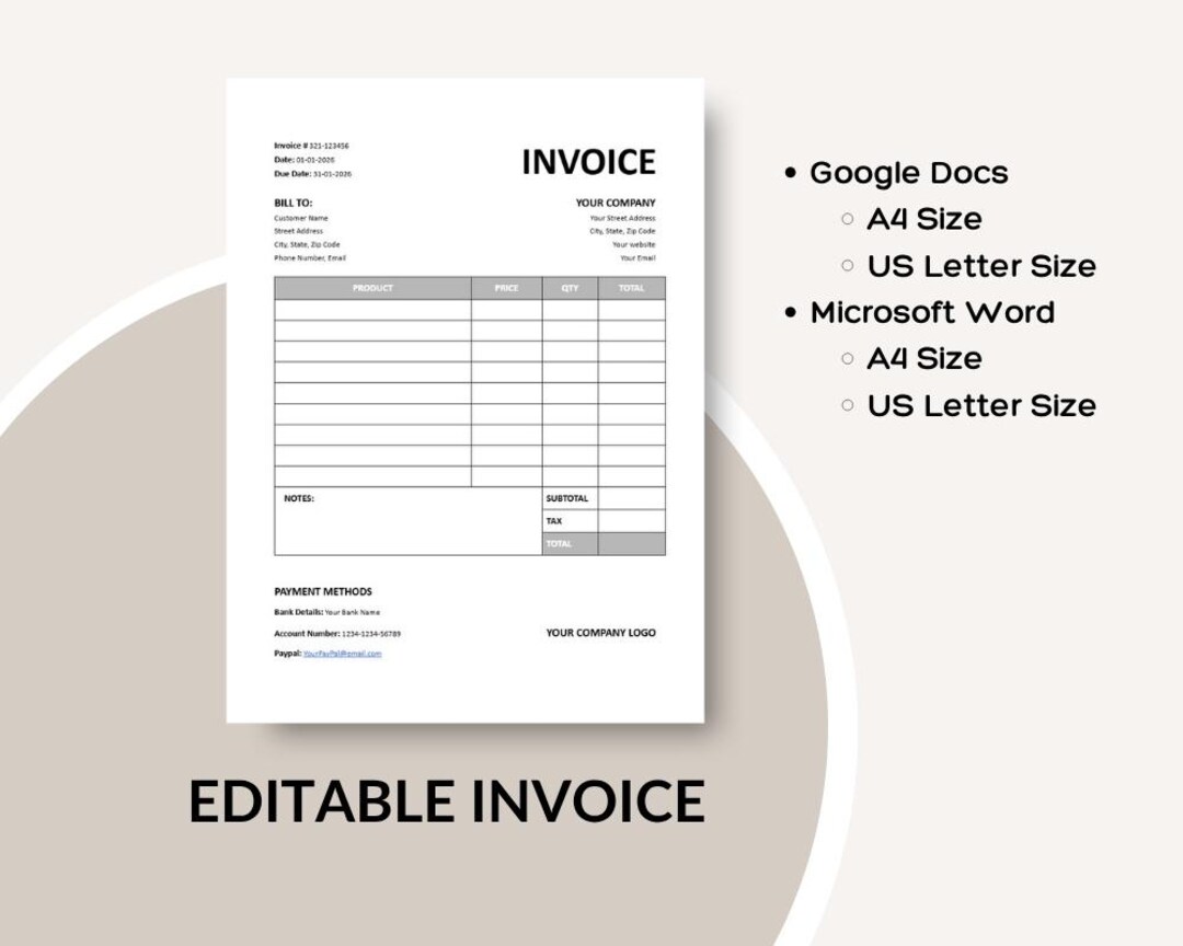 Invoice Template Word Google Docs Fillable Digital Invoice Business ...