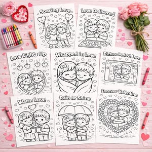Puede incluir: Una colección de páginas para colorear con temas románticos, que presentan parejas en varias escenas. Los títulos incluyen "Soaring Love", "Love Delivered" y "Forever Valentine". Crayones y corazones decorativos también están presentes.
