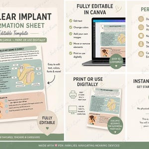 May include: A digital template for a Cochlear Implant Information Sheet, fully editable in Canva. The design includes sections for customization, printing, and digital use, with a focus on supporting families and children. The template is an instant download.